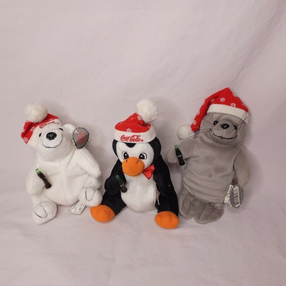 Vintage Lot of 3 Coke Beanie Plush Penguin Polar Bear Seal Stuffed Animal